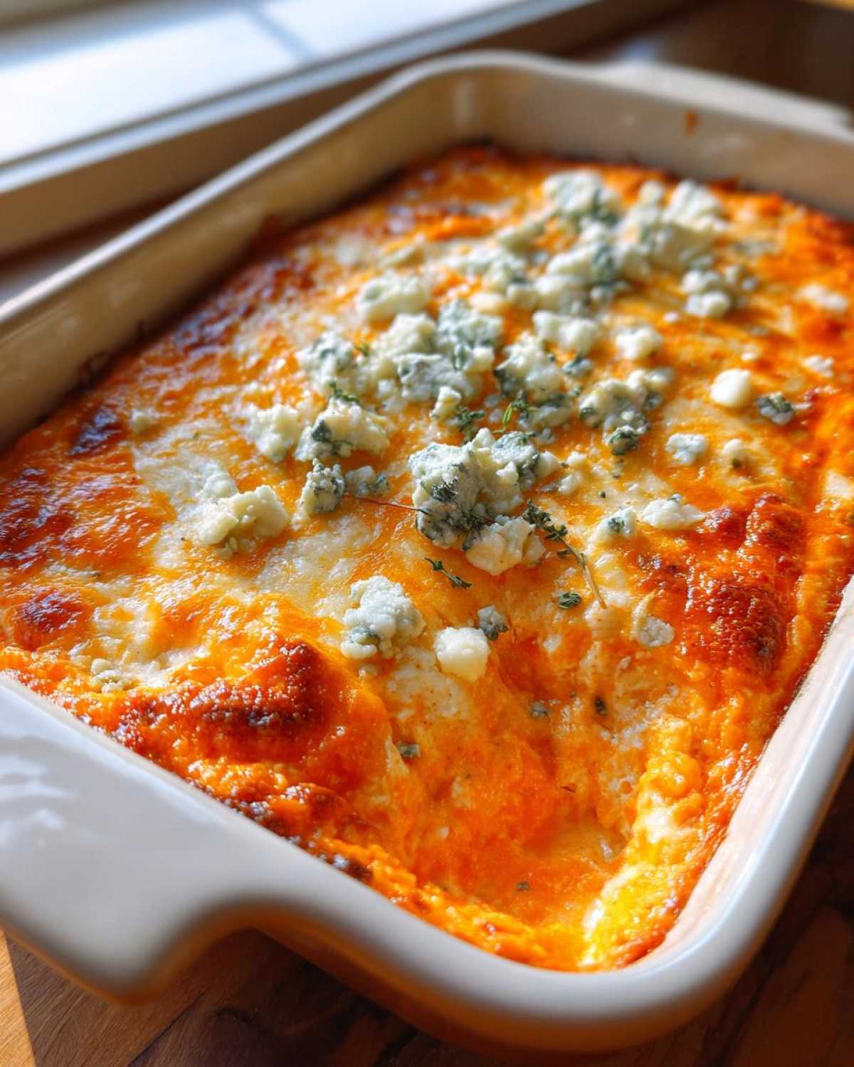 Close-up of hot, bubbly Buffalo chicken dip topped with crumbled blue cheese and thyme in a white baking dish.