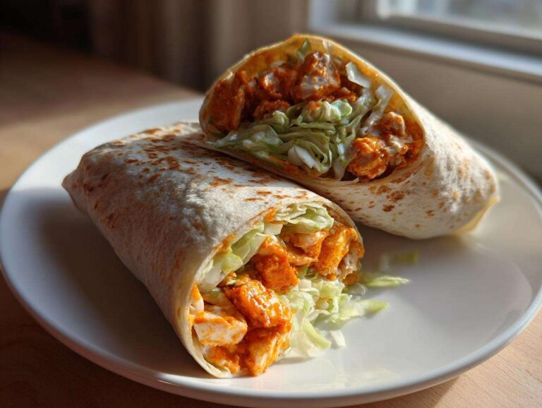 Two halves of a buffalo chicken wrap filled with bright orange sauced chicken and shredded lettuce, resting on a white plate.