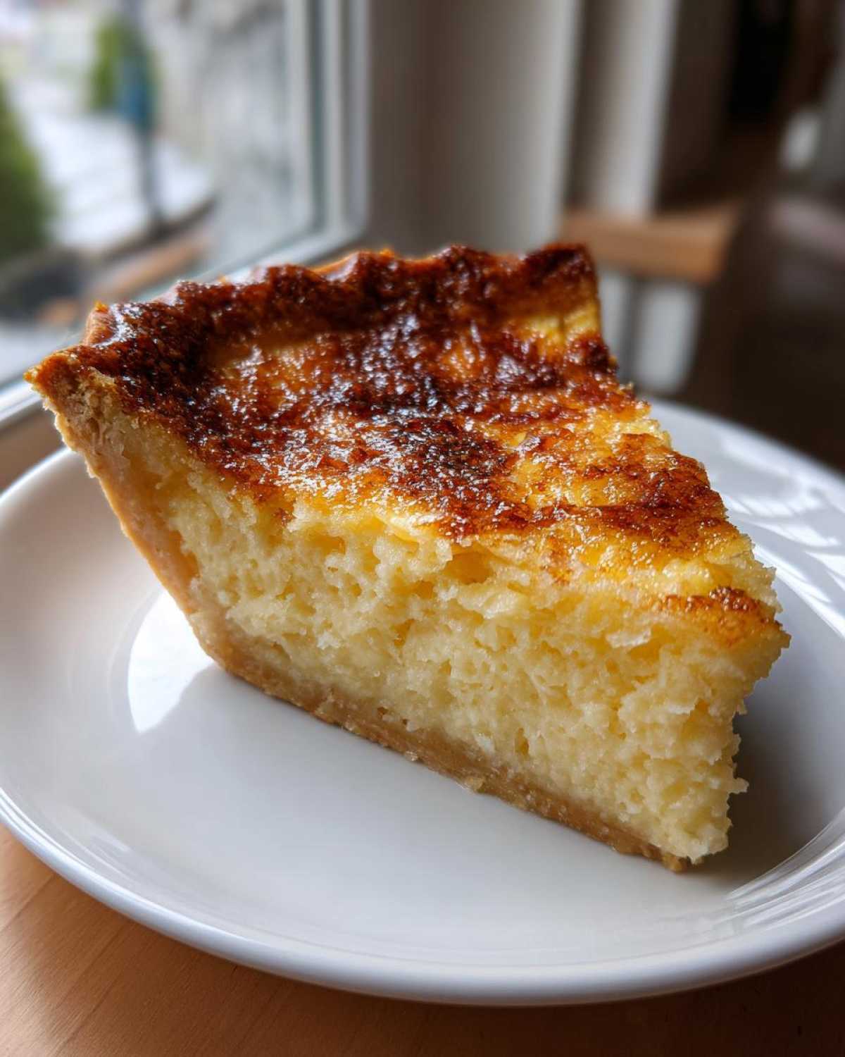 A close-up slice of rich, creamy buttermilk pie with a beautifully caramelized, browned top crust.