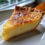 A close-up slice of buttermilk pie showing the creamy yellow filling and deeply caramelized top crust.