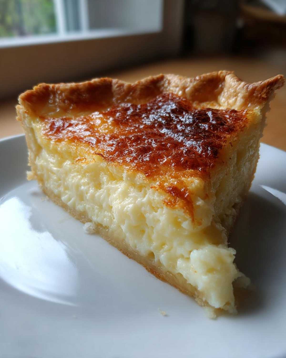 Close-up of a thick slice of creamy buttermilk pie with a beautifully browned, slightly caramelized top crust.