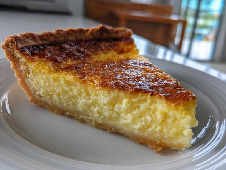 A close-up of a perfect slice of buttermilk pie showing the creamy yellow filling and deeply browned top crust.