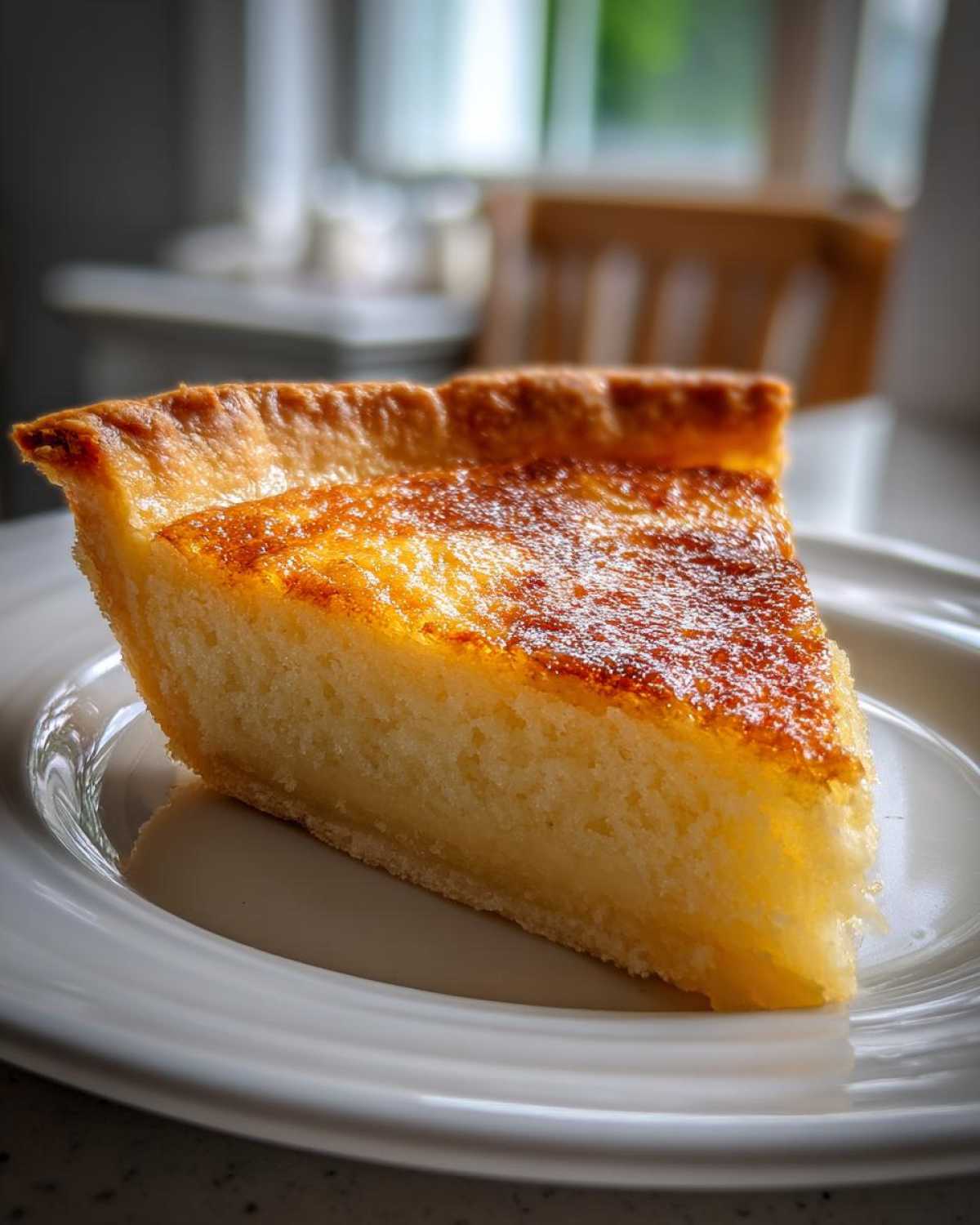 A close-up shot of a perfect slice of buttermilk pie on a white plate, showing its golden-brown top.