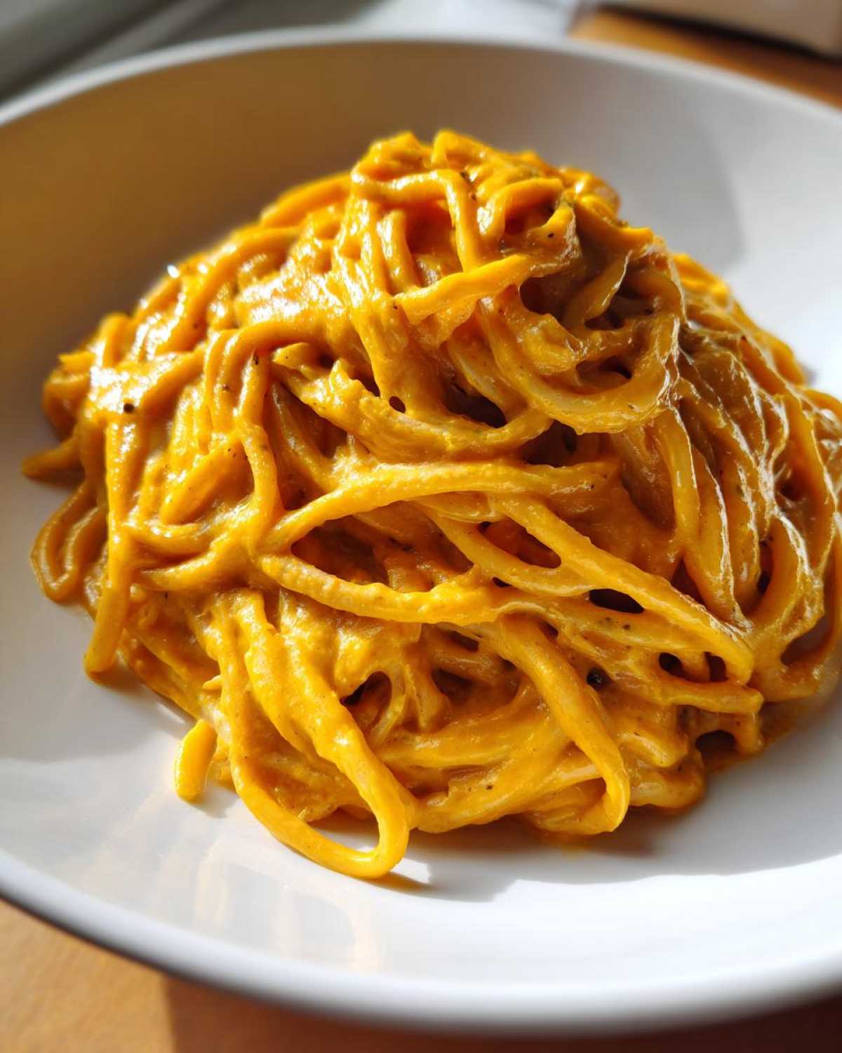 Close-up of spaghetti generously coated in a vibrant, creamy butternut squash pasta sauce.