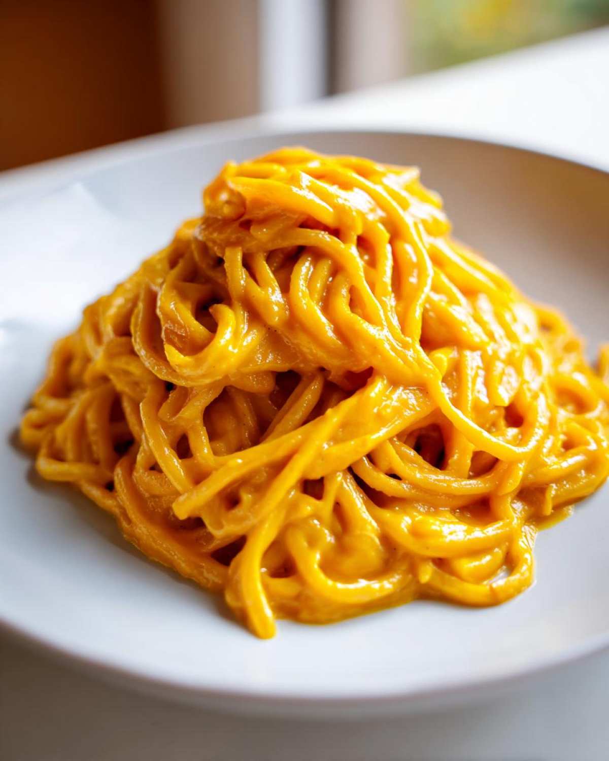 Close-up of spaghetti noodles coated generously in vibrant orange butternut squash pasta sauce, served on a white plate.