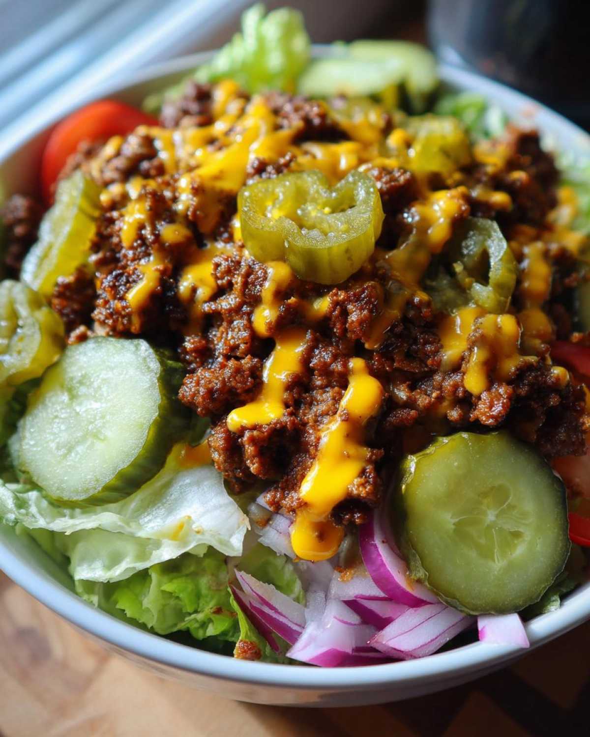 A close-up of a hearty cheeseburger bowl featuring seasoned ground beef, melted cheese, pickles, and red onion over lettuce.
