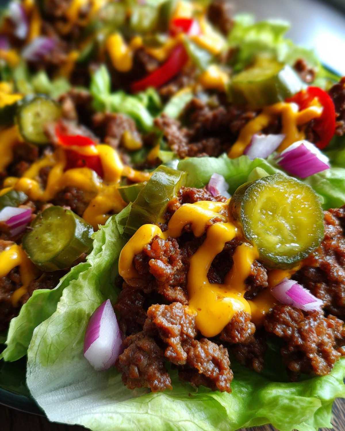 Close-up of a cheeseburger bowl featuring seasoned ground beef, melted cheese sauce, pickles, and red onion on lettuce.