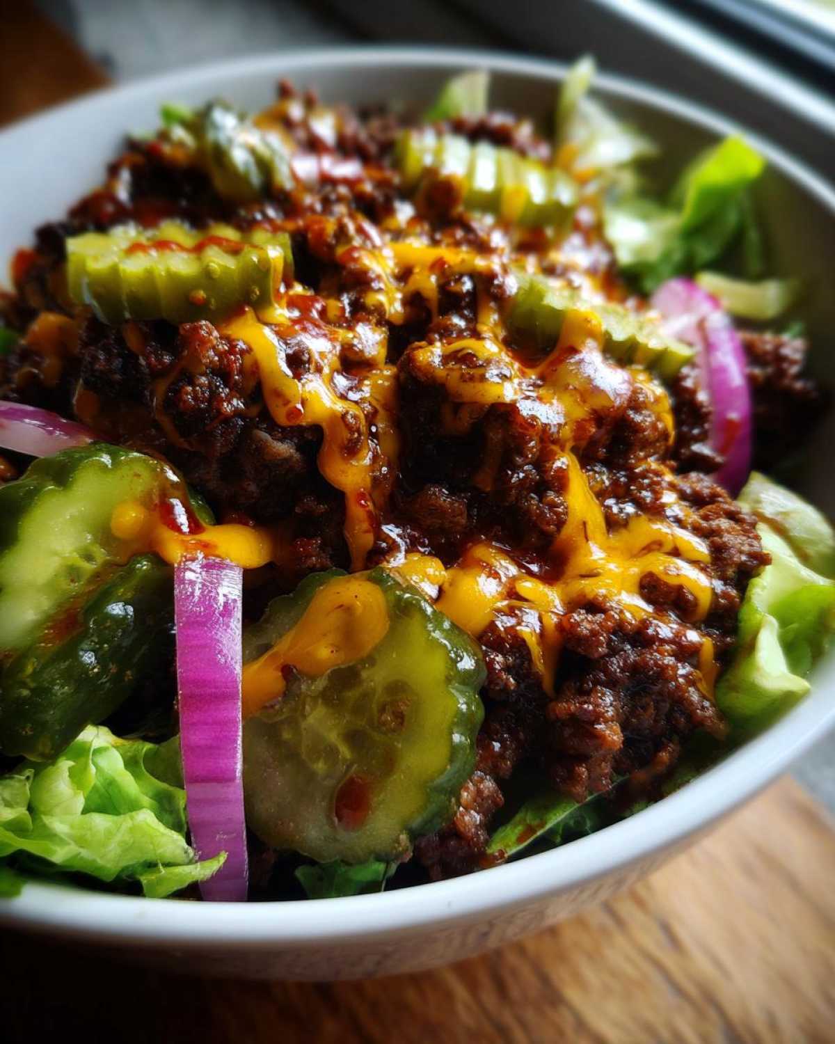 A close-up view of a cheeseburger bowl featuring seasoned ground beef, melted cheddar cheese, pickles, and red onion over lettuce.