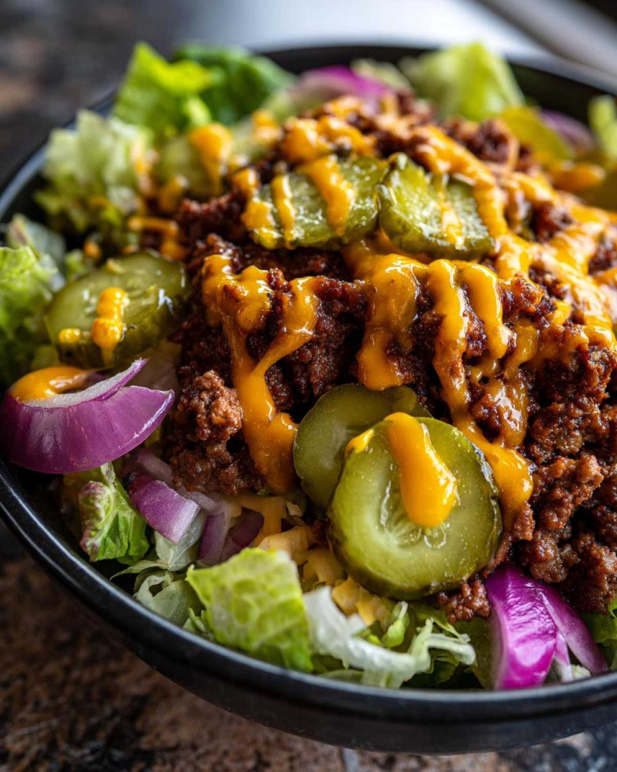 Close-up of a cheeseburger bowl featuring seasoned ground beef, melted cheese sauce, pickles, and red onion on lettuce.