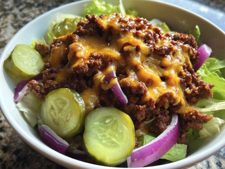 Close-up of a delicious cheeseburger bowl featuring seasoned ground beef, melted cheddar cheese, pickles, and red onion over lettuce.