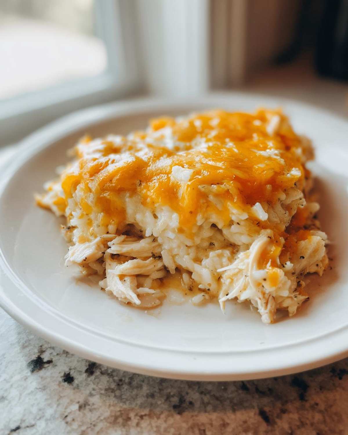 A serving of creamy cheesy chicken and rice bake topped with melted cheddar cheese on a white plate.