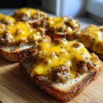Close-up of toasted bread slices topped with savory ground meat mixture and melted cheddar cheese, ready for the hanky panky recipe.