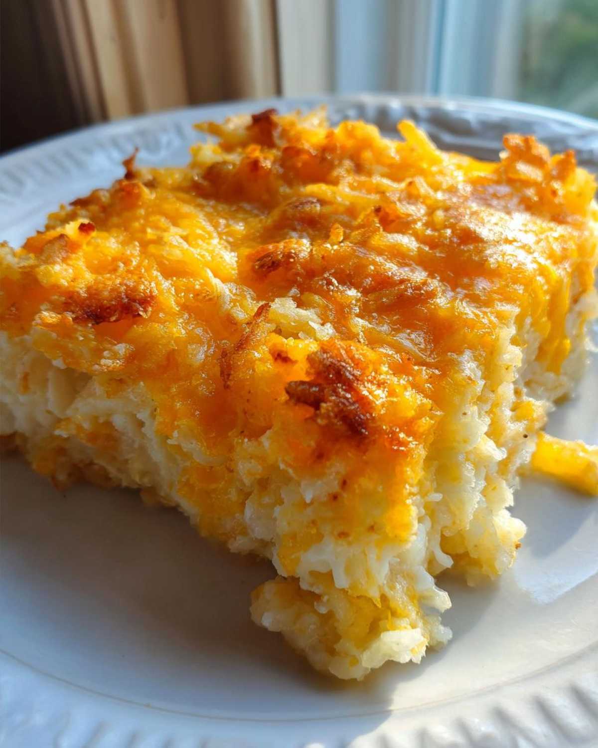 Close-up of a square serving of cheesy potato casserole with a golden brown, melted cheddar cheese crust.
