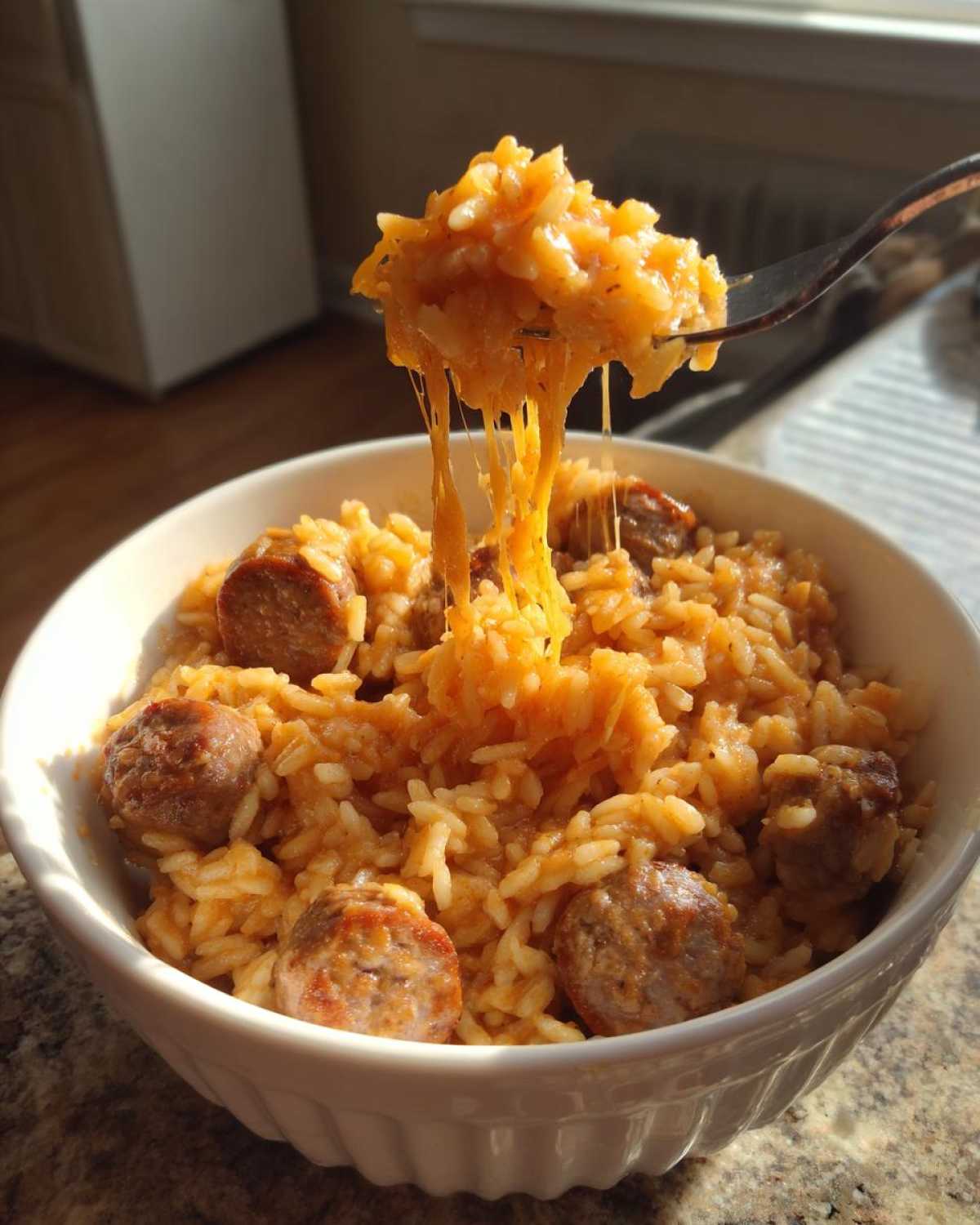A fork lifts a cheesy portion of sausage and rice from a white bowl, showing long cheese pulls.