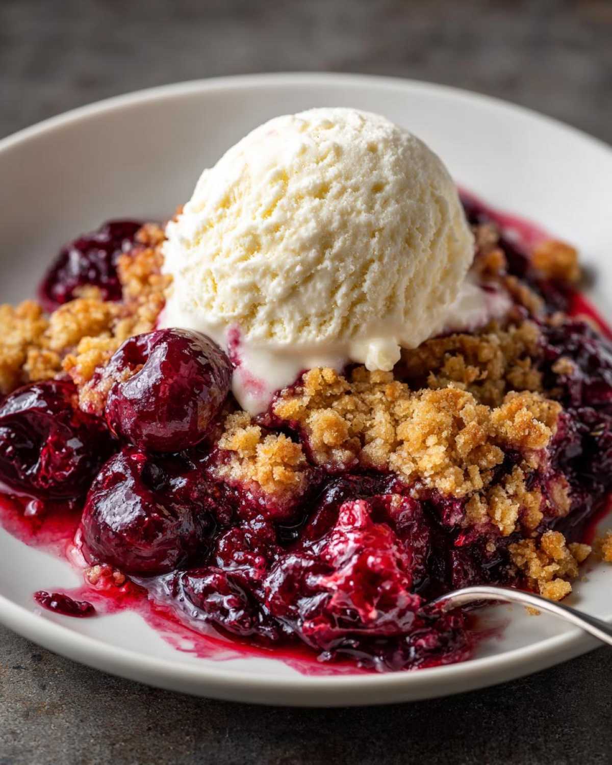 A scoop of vanilla ice cream melting over a warm serving of cherry dump cake with rich, dark cherry filling.