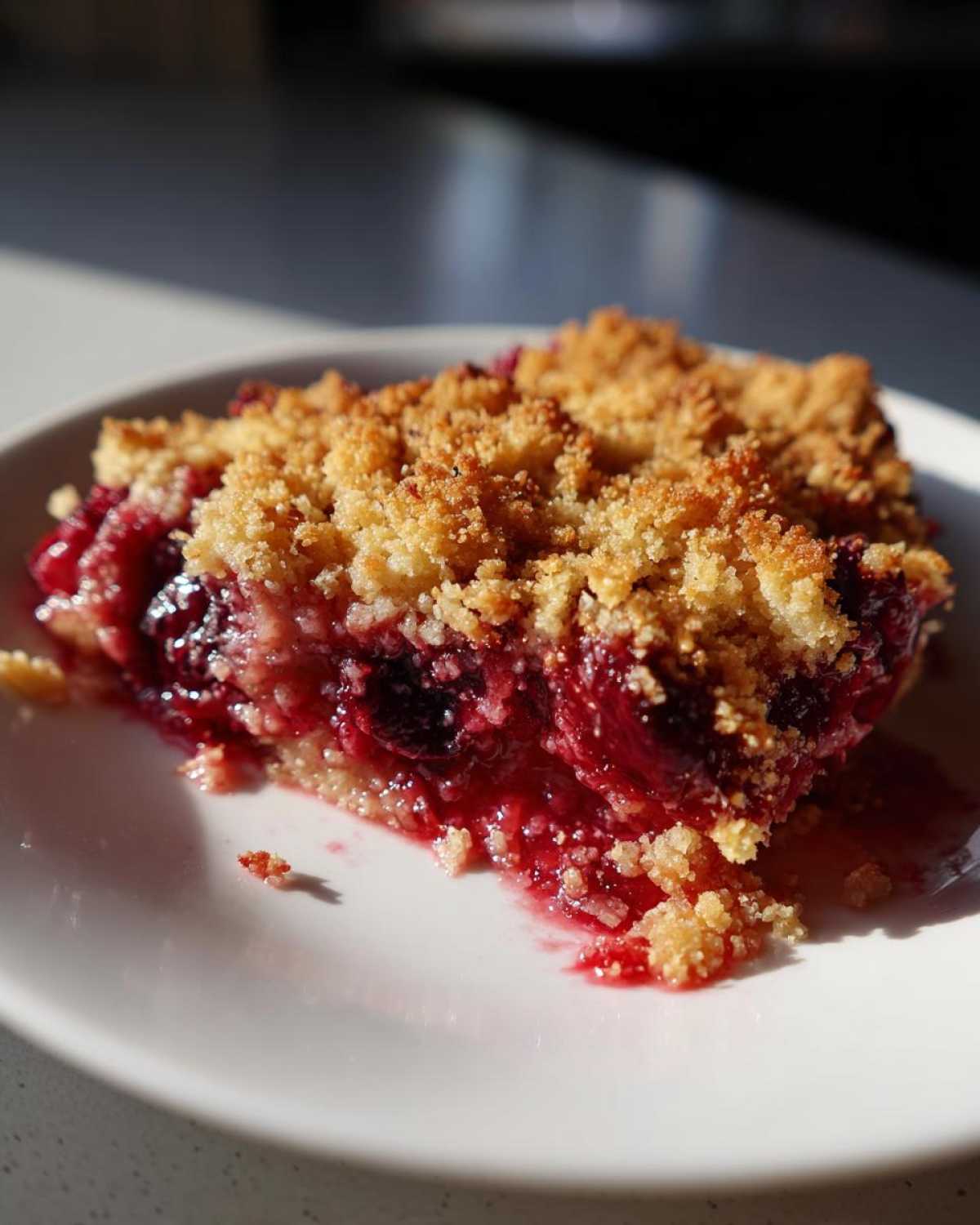 Close-up of a warm slice of cherry dump cake showing bright red filling and golden crumb topping.