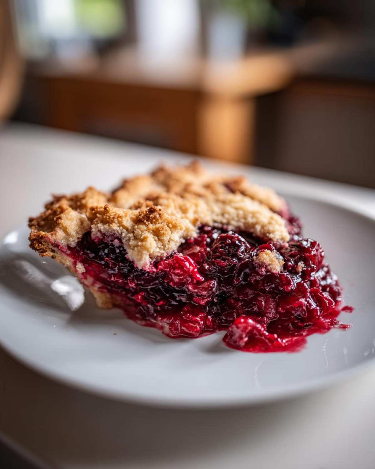 A close-up of a slice of rich, gooey cherry dump cake with a crumbly topping on a white plate.