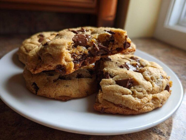 Close-up of three chewy chocolate chip cookies stacked on a white plate, one broken open showing melted chocolate.