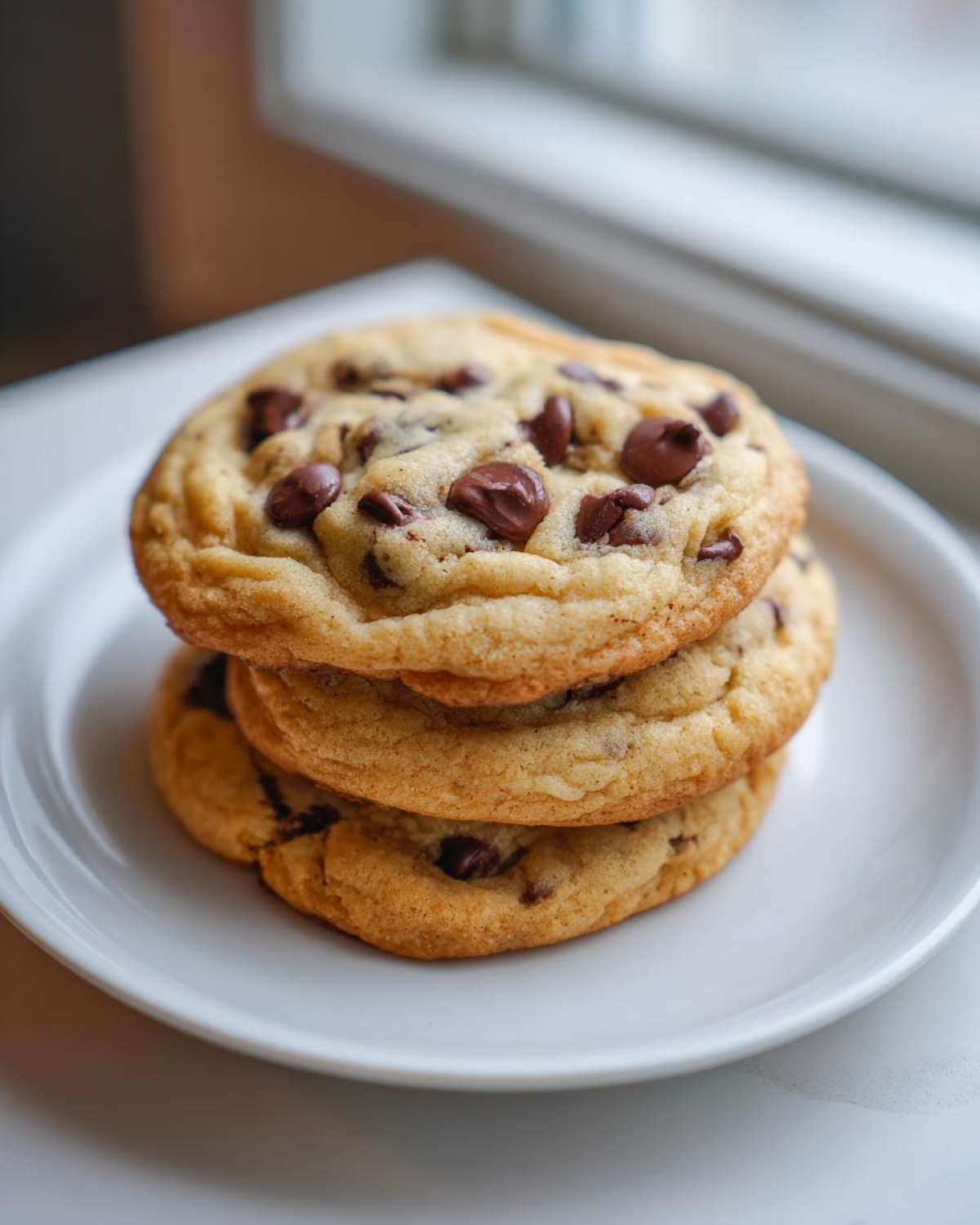 A stack of three perfectly baked, chewy chocolate chip cookies loaded with melted chocolate chips, resting on a white plate.