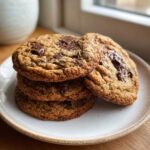 A stack of four golden brown, thick, and chewy chocolate chip cookies with visible melted chocolate chunks.