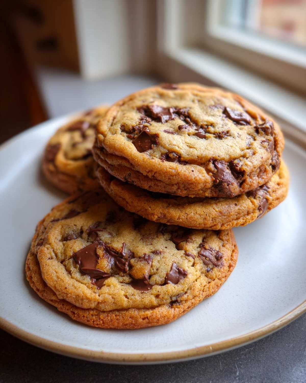 A stack of three golden brown, chewy chocolate chip cookies loaded with melted chocolate chunks, resting on a light plate.