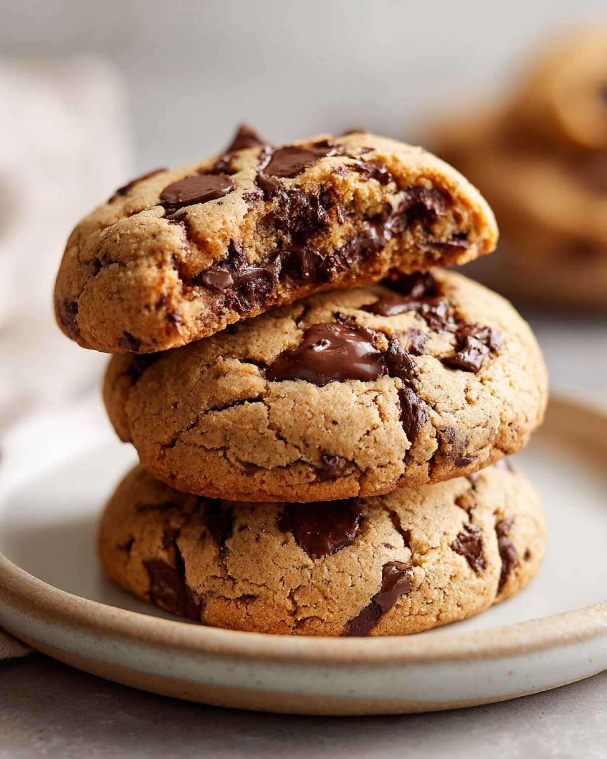 Close-up of three stacked chewy chocolate chip cookies, with the top one broken open revealing gooey melted chocolate.