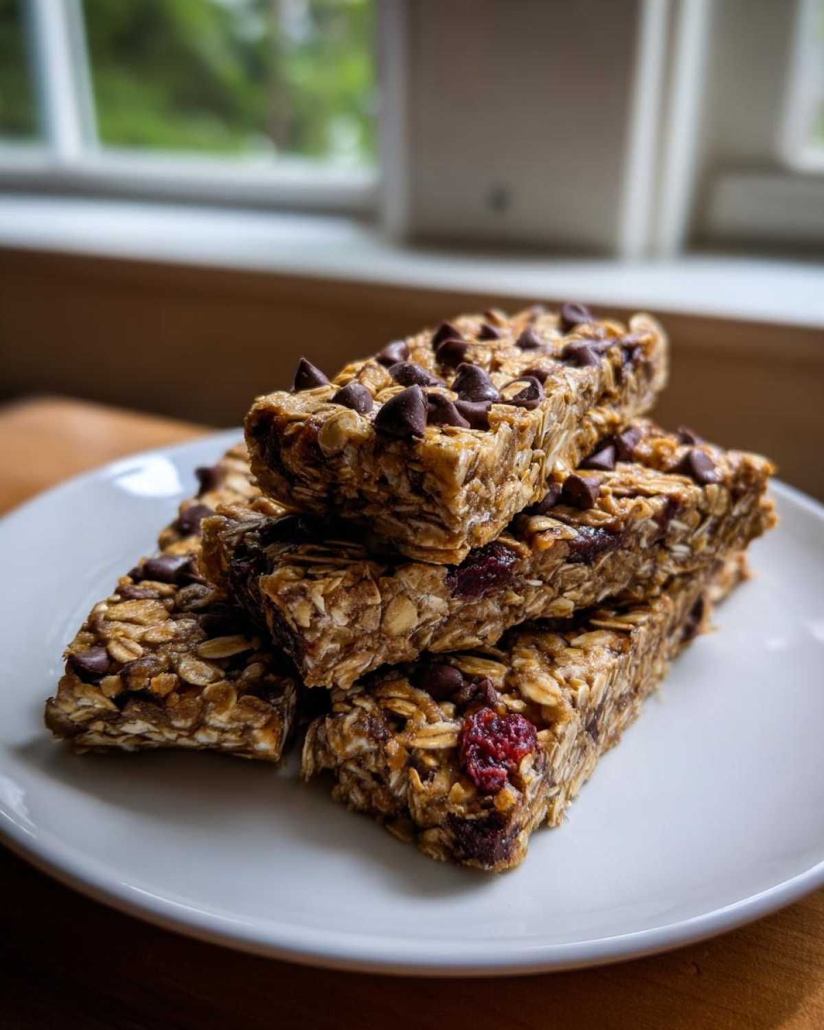 A stack of four chewy no bake granola bars topped with chocolate chips and dried cranberries on a white plate.