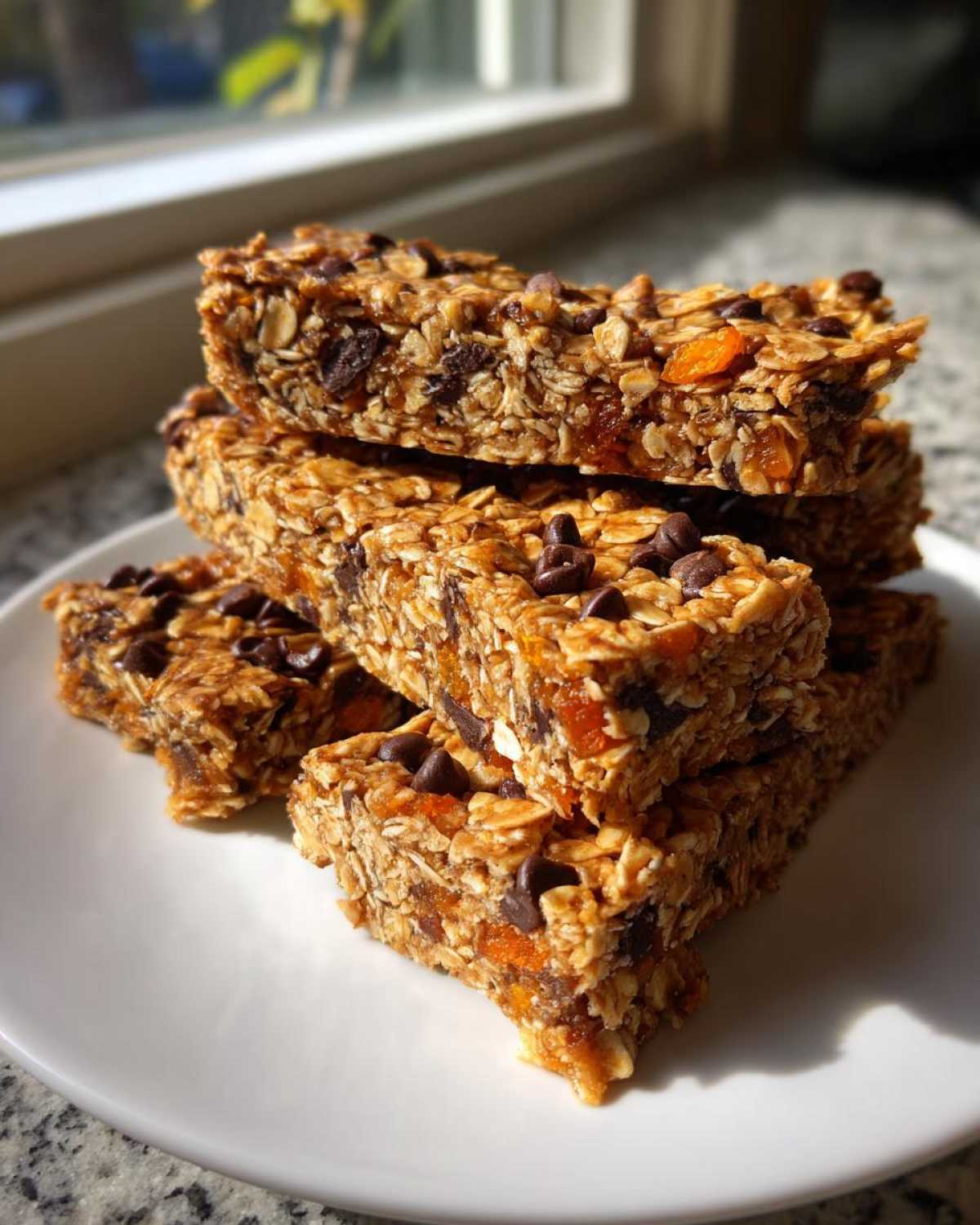 A stack of chewy no bake granola bars packed with oats, chocolate chips, and dried apricots on a white plate.