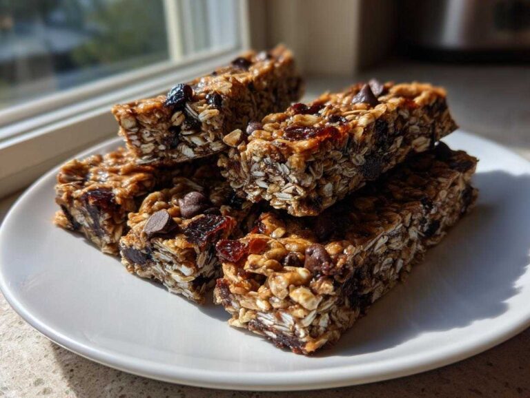 Amazing 12 Chewy no bake granola bars A stack of chewy no bake granola bars featuring oats, dried fruit, and visible chocolate chips, sitting on a white plate.