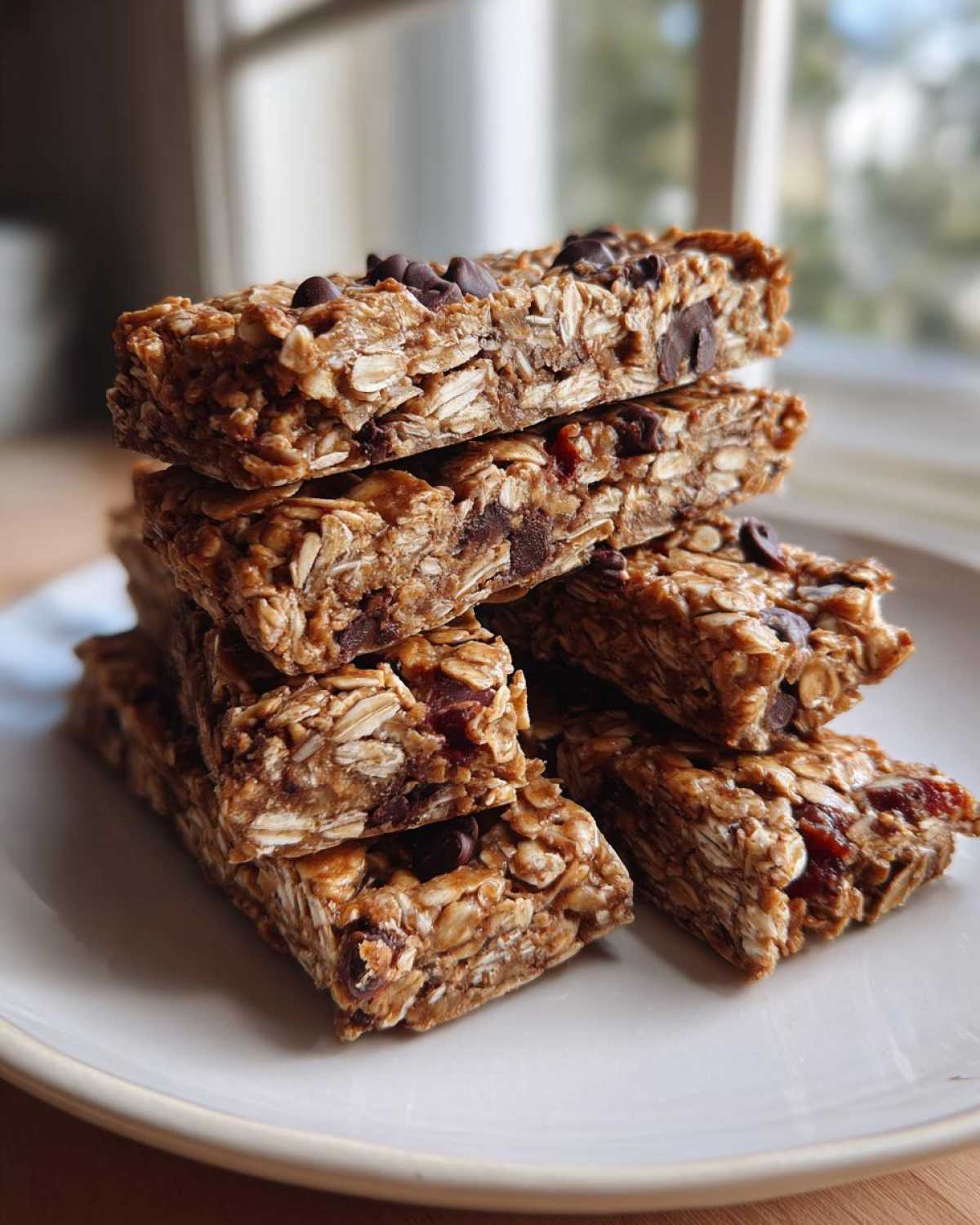 A stack of six chewy no bake granola bars made with oats and chocolate chips resting on a white plate.