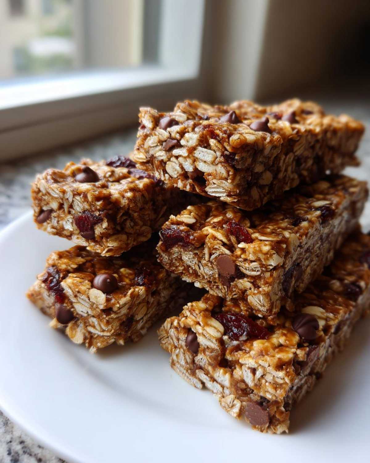 A stack of chewy no bake granola bars loaded with oats, dried cranberries, and chocolate chips on a white plate.