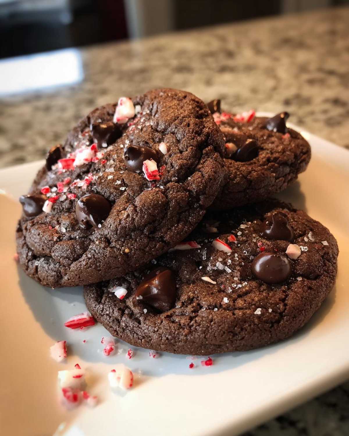 A stack of three chewy peppermint chocolate chip cookies topped with melted chocolate chips and crushed candy canes.