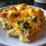 A close-up serving of creamy chicken broccoli rice casserole topped with melted, golden cheddar cheese.