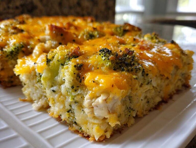 A close-up of a square slice of creamy chicken broccoli rice casserole topped with melted, golden cheddar cheese.