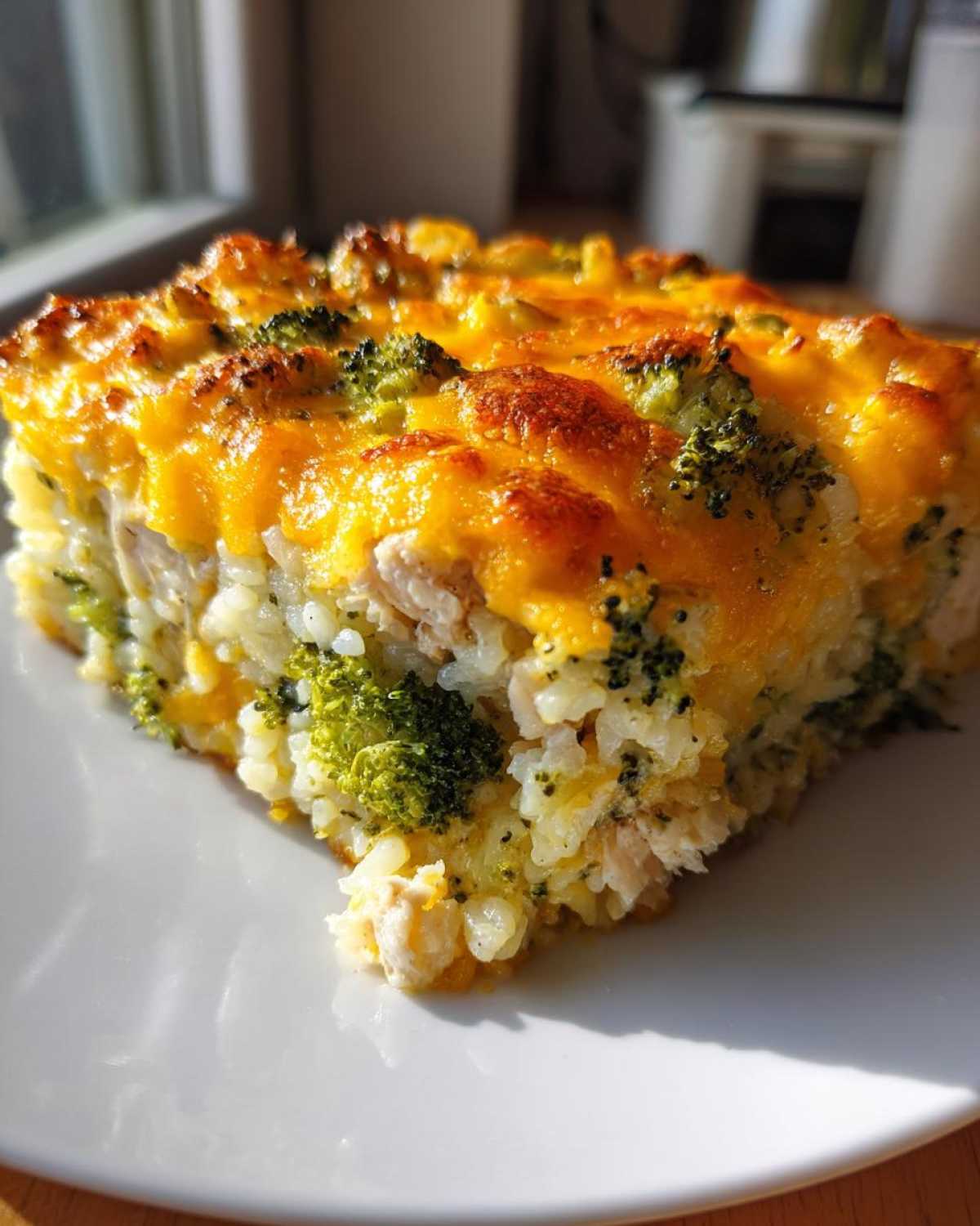 A close-up serving of chicken broccoli rice casserole topped with melted, golden-brown cheddar cheese.
