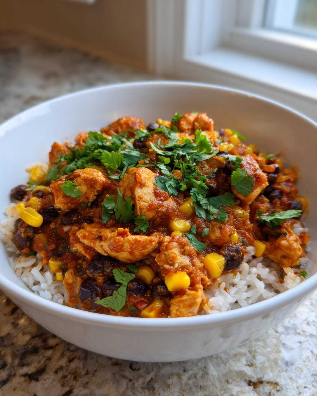 A white bowl filled with white rice topped with seasoned chicken, black beans, corn, and fresh cilantro for a chicken burrito bowl.