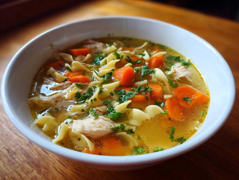 chicken noodle soup: 1 truly great bowl Close-up of a white bowl filled with rich chicken noodle soup, featuring egg noodles, carrots, and shredded chicken.