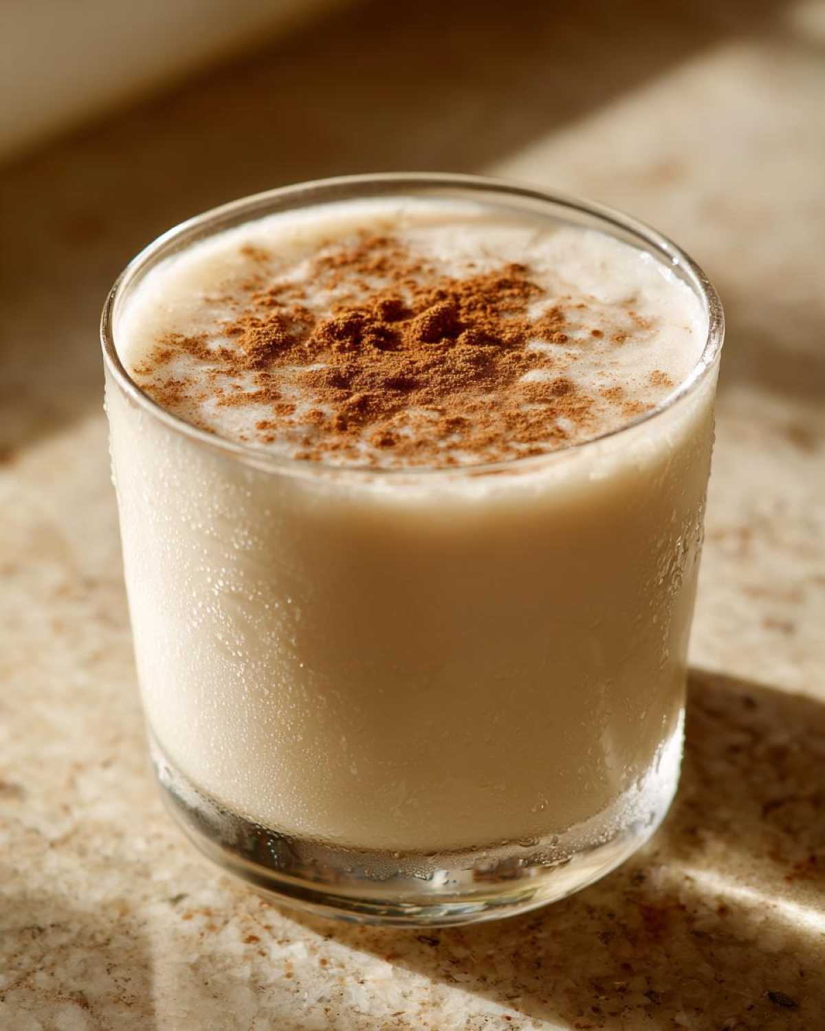 A chilled glass of creamy coquito topped generously with ground cinnamon, sitting on a speckled countertop.