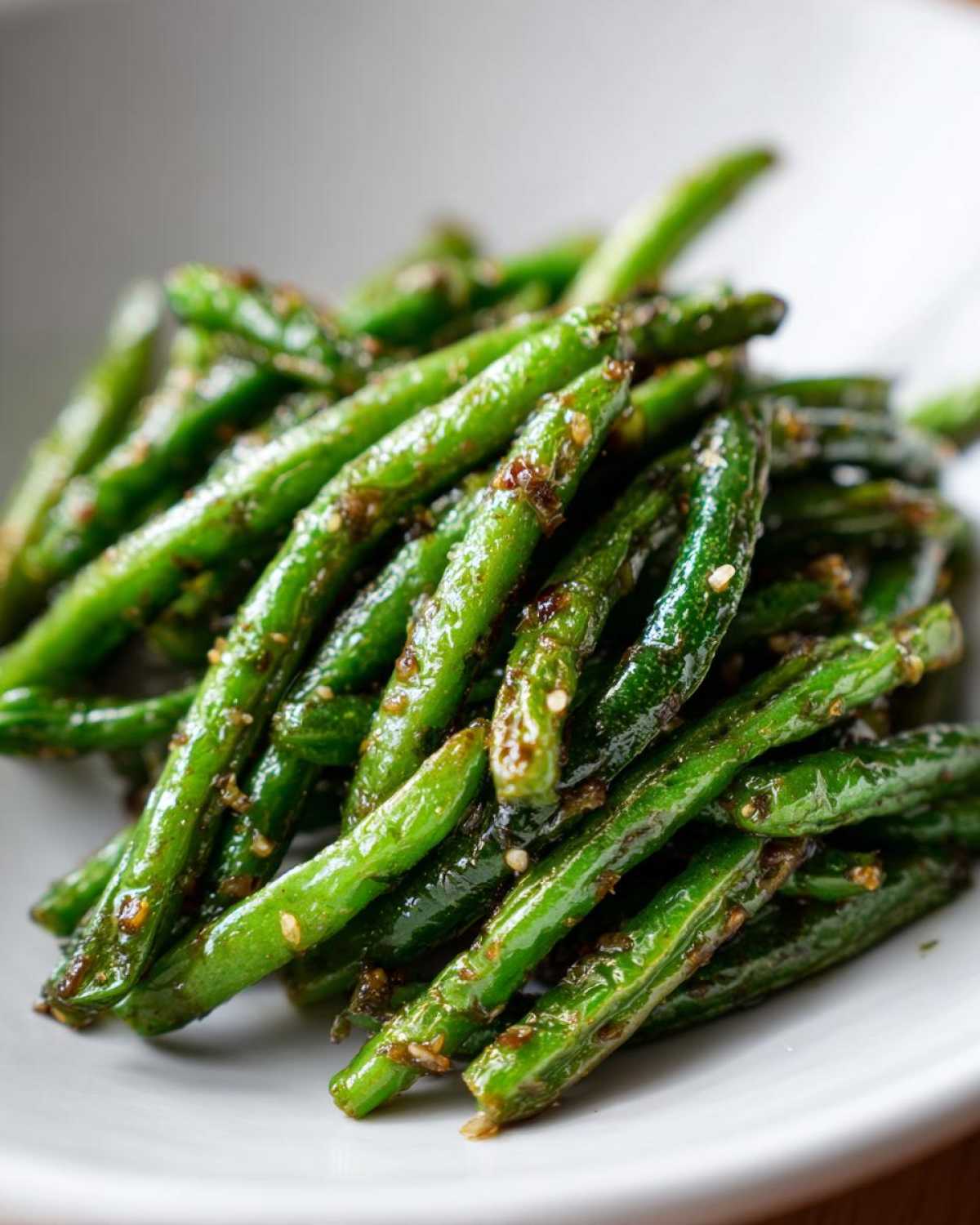 Close-up of vibrant green, blistered chinese green beans with garlic sauce and sesame seeds served in a white bowl.