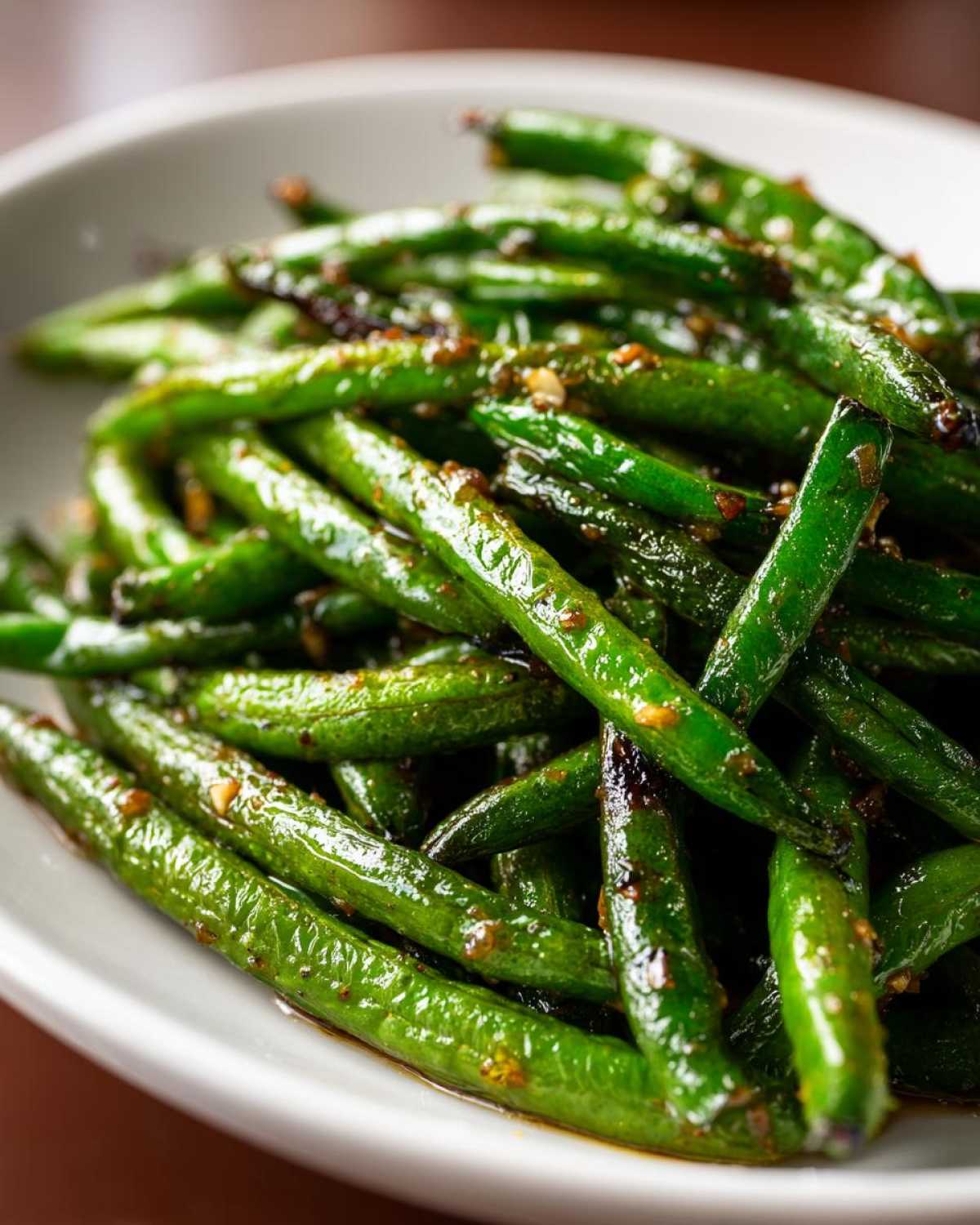 A close-up of vibrant green beans coated in a savory garlic sauce, ready to serve.