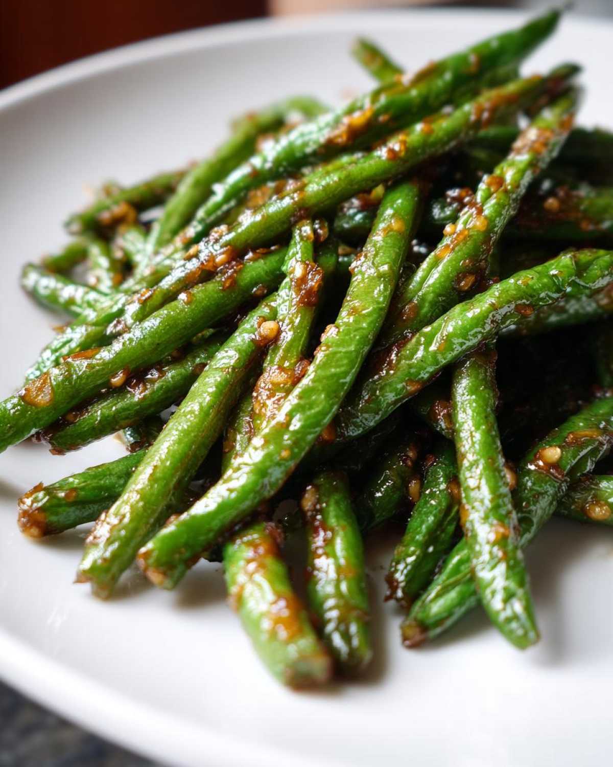 Close-up of vibrant green beans coated in a glossy, savory chinese green beans with garlic sauce.
