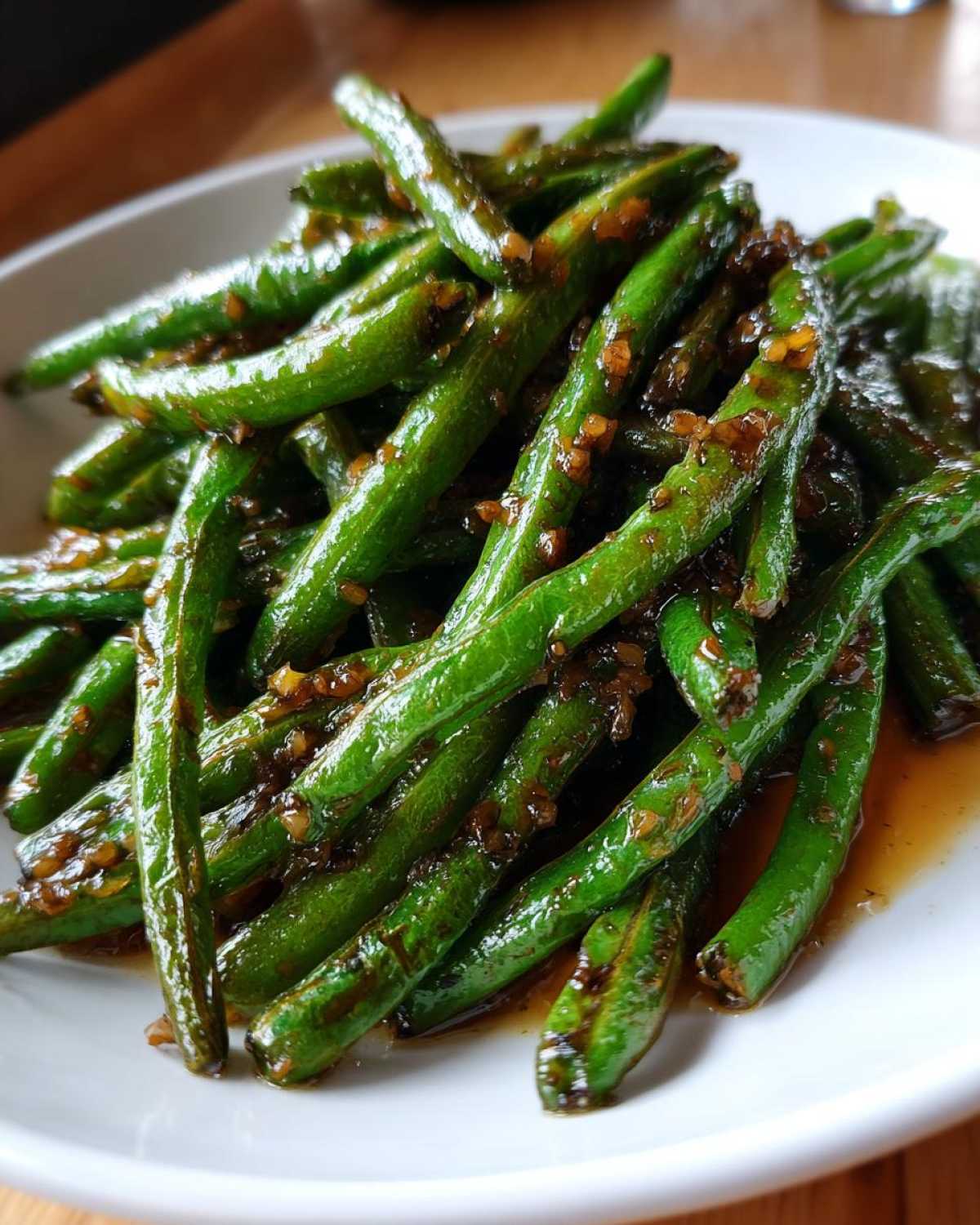 Vibrant green beans coated in a savory, dark garlic sauce, ready to serve.