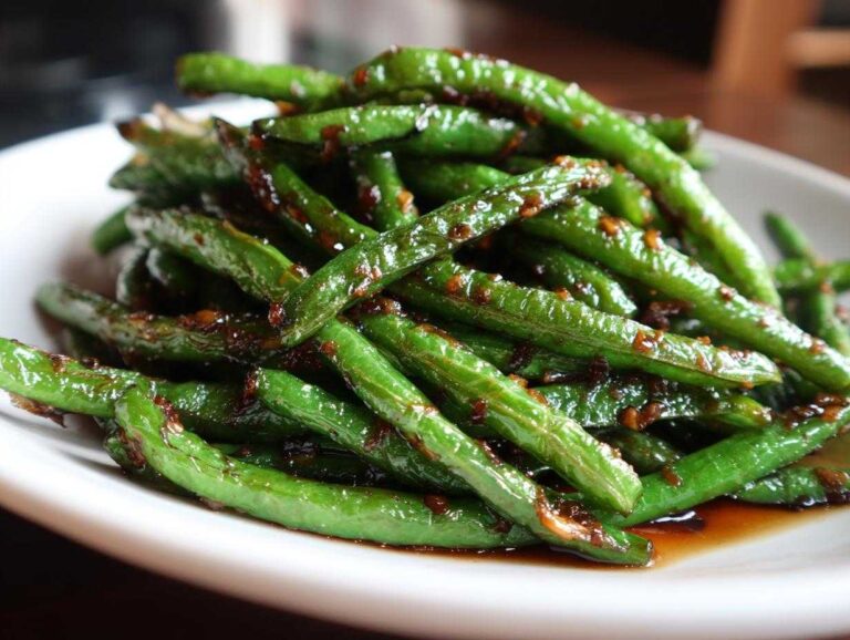 Amazing 20-Minute chinese green beans with garlic sauce A mound of vibrant, glossy green beans coated in a savory garlic sauce, ready to serve.