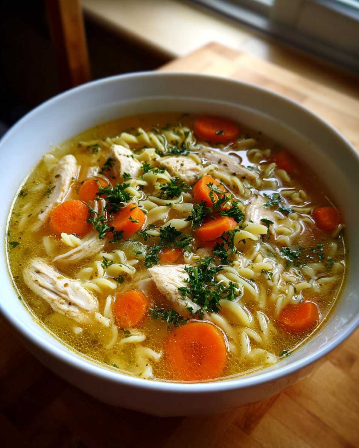 Close-up of a white bowl filled with steaming chicken noodle soup, featuring shredded chicken, egg noodles, and bright carrot slices.