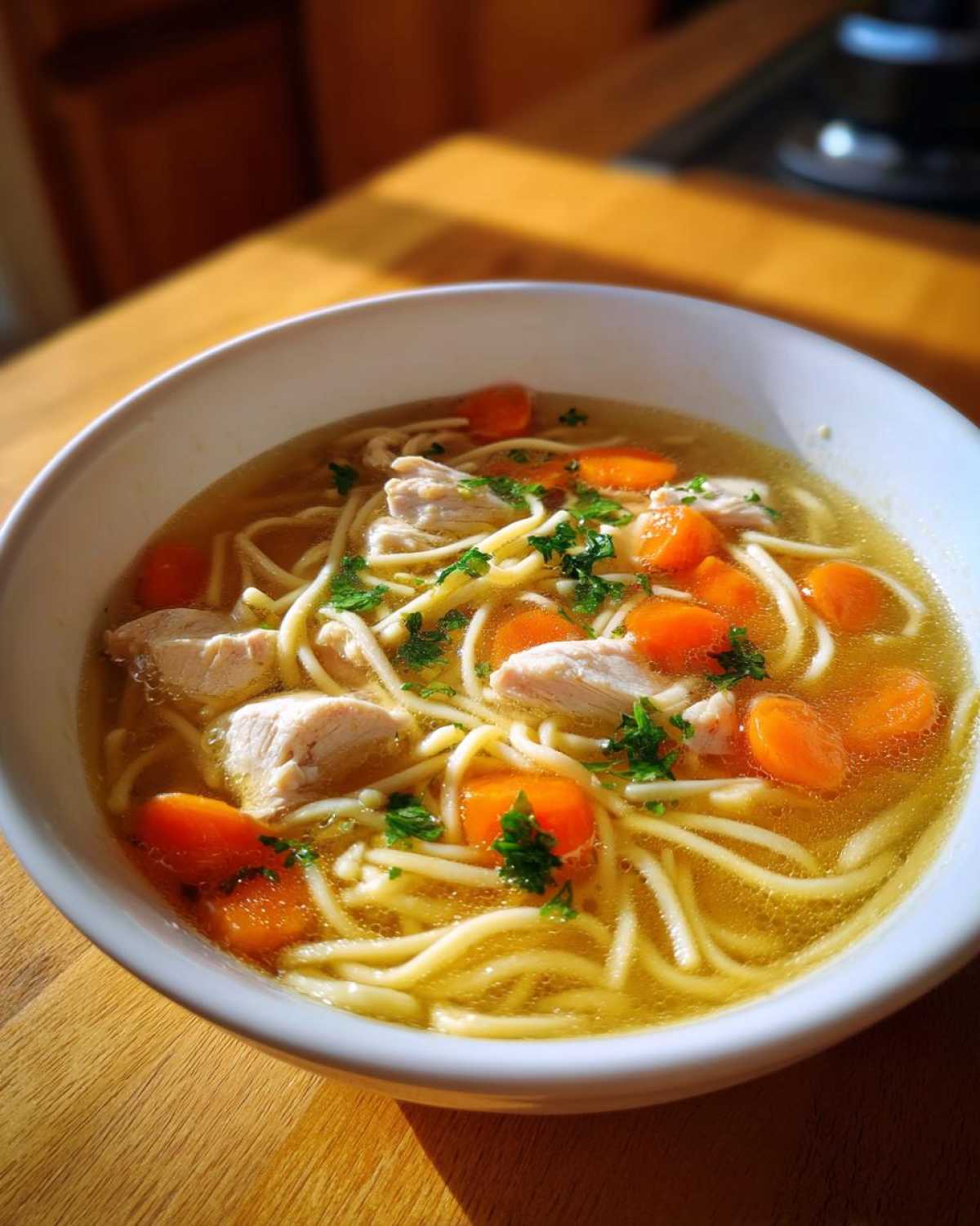 A close-up of a white bowl filled with homemade chicken noodle soup, featuring broth, noodles, carrots, and chicken pieces.