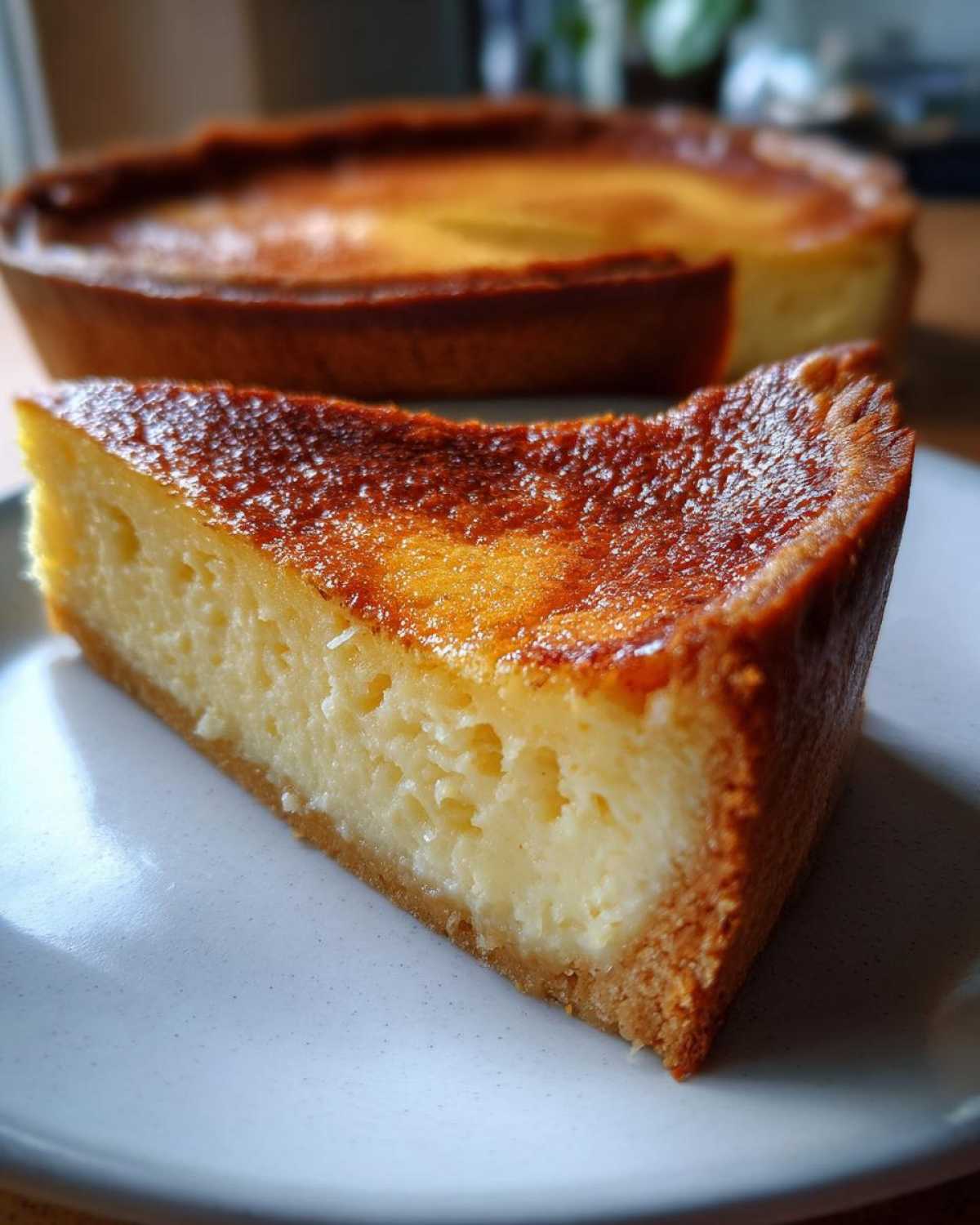 Close-up of a thick slice of classic custard pie showing the creamy filling and browned top.