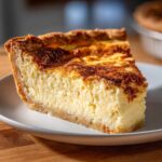 A thick, creamy slice of classic custard pie with a golden-brown top crust, served on a white plate.