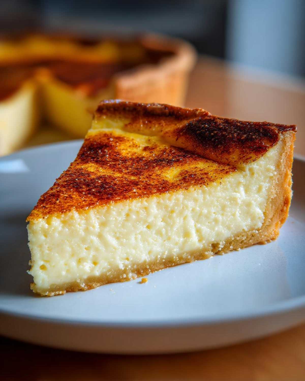 A close-up slice of classic custard pie showing a creamy filling and a deeply browned, slightly caramelized top.