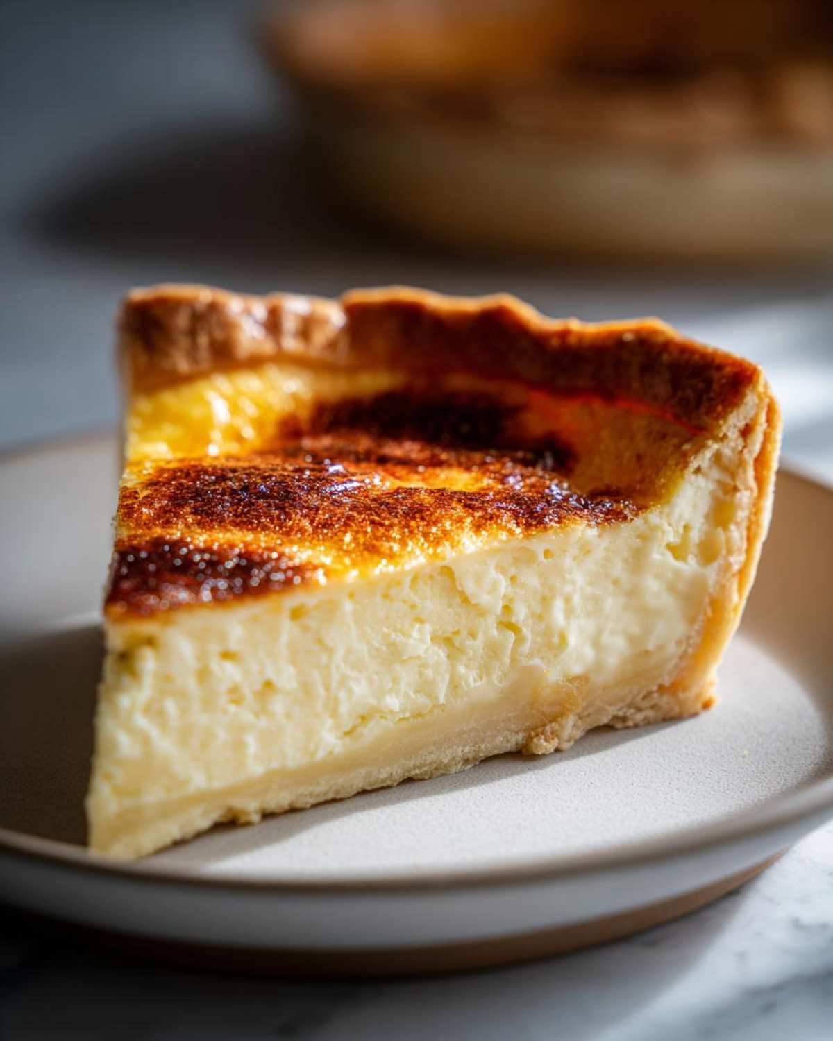 A thick slice of classic custard pie with a creamy filling and a golden, slightly caramelized top.