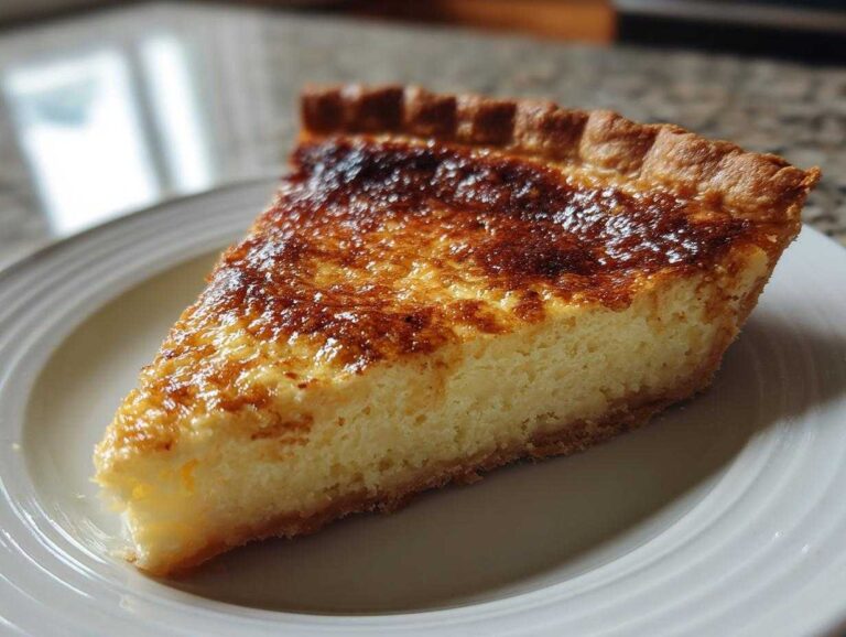A close-up of a single slice of classic custard pie with a golden, slightly caramelized top, served on a white plate.